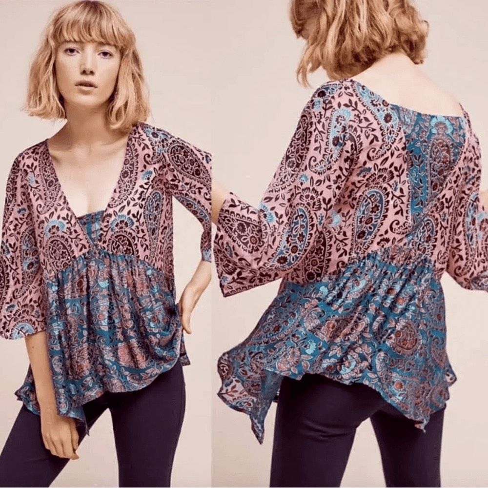 Anthropologie Floreat Valo Velvet Burnout Silk Blend Paisley blouse size small